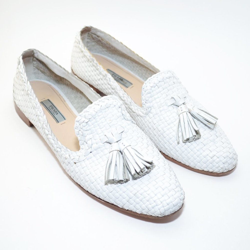 Prada White Woven Leather Tassel Loafers 39.5/9.5